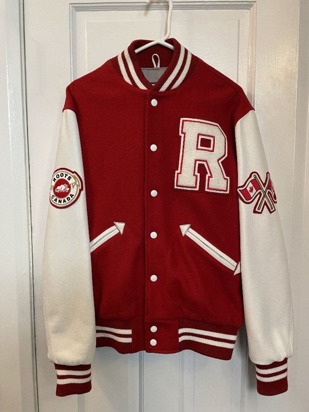 Roots Vintage Style Red and White Varsity Letterman Jacket. Men's size Medium.